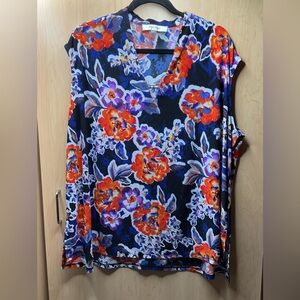 🇺🇸 Jones Studio Floral V-Neck Sleeveless Blouse - Navy and Orange, Size 3X